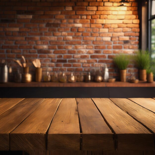 Photo wooden tabletop on brick wall background ai generated