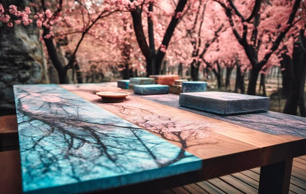 Wooden tabletop by the trees behind lush blossoming trees