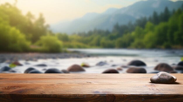 Photo wooden tabletop display with open nature background