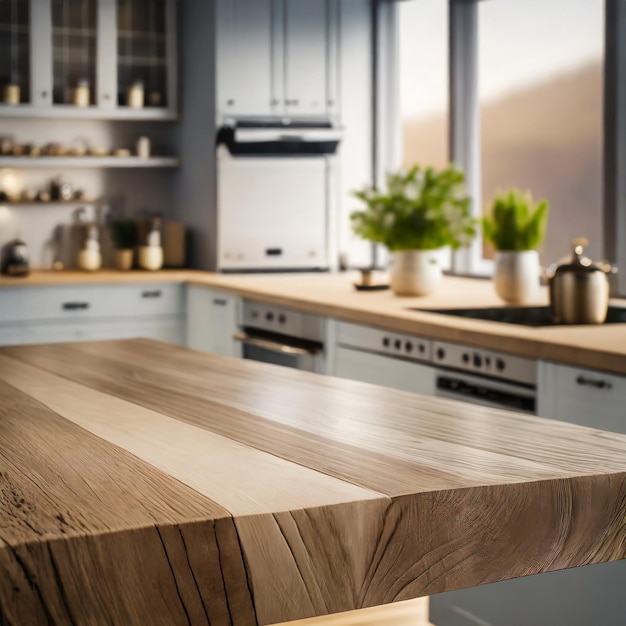 Foto tavolo in legno sullo sfondo elegante della cucina moderna ai generato