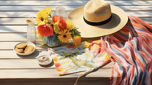 A wooden tabletop featuring a variety of colorful beach coverups sun hats