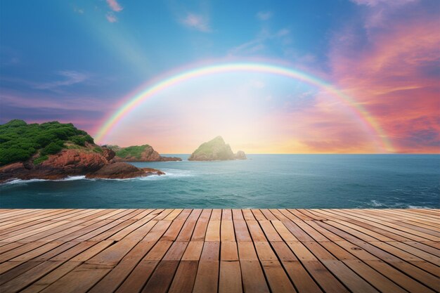 Foto il piano del tavolo in legno si armonizza con la vista sul mare e l'arcobaleno