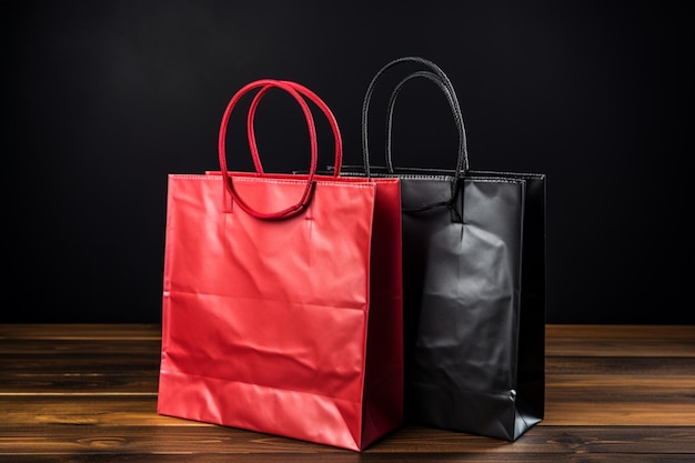 A wooden tabletop hosts a red and black paper bag amid a black backdrop