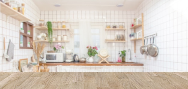 Wooden tabletop and kitchen interior