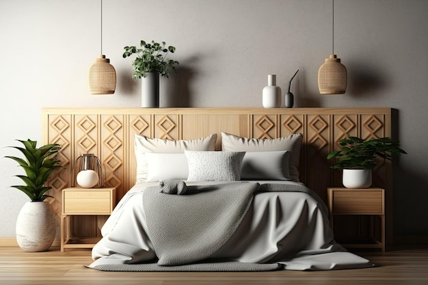 Wooden tabletop or shelf with minimalistic modern vases above wooden bedroom with double bed