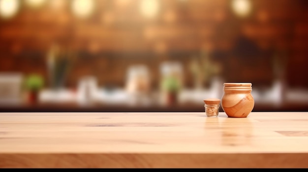 Wooden tabletop with blurred kitchen background Wooden table with blurred kitchen room background