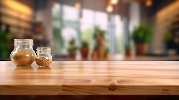 Wooden tabletop with blurred kitchen background Wooden table with blurred kitchen room background
