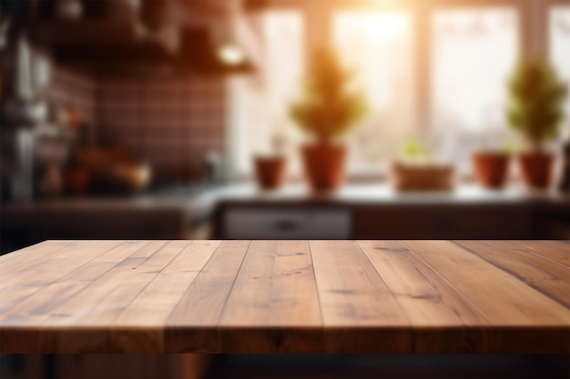 Wooden tabletop with blurred kitchen background Wooden table with blurred kitchen room