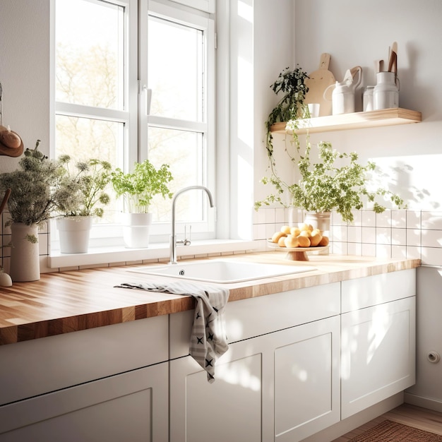 Wooden tabletop with free space for product montage or mockup against blurred white kitchen with cutting board and plant in scandinavian style in morning light Generated AI