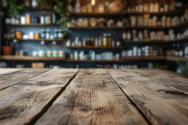 Wooden Tabletop with Pharmacy Background Space for Display