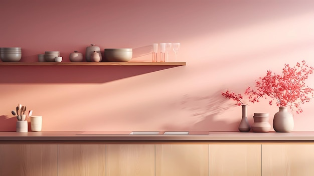 wooden tabletop with sink and flowers in a vase shelves with jars of spices on a pink wall