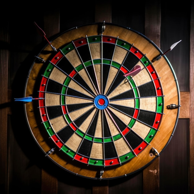 A wooden target with darts