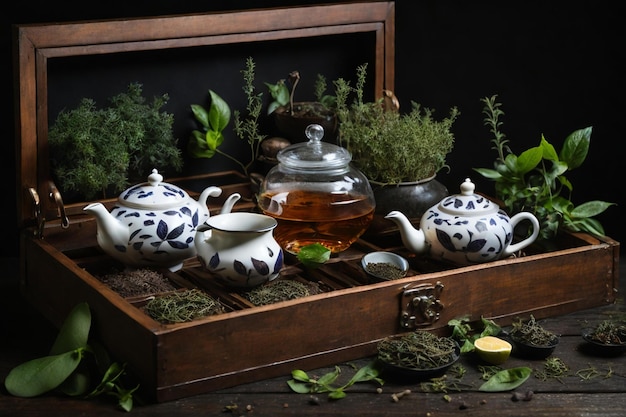 a wooden tea chest with an assortment of teapots cups and herbs