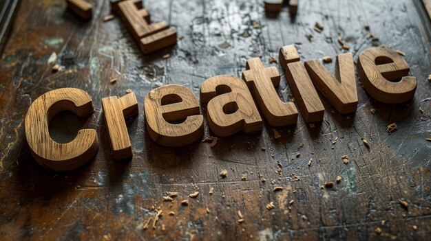 Photo wooden teak creativity concept art poster the word creative made in textured lettering horizontal