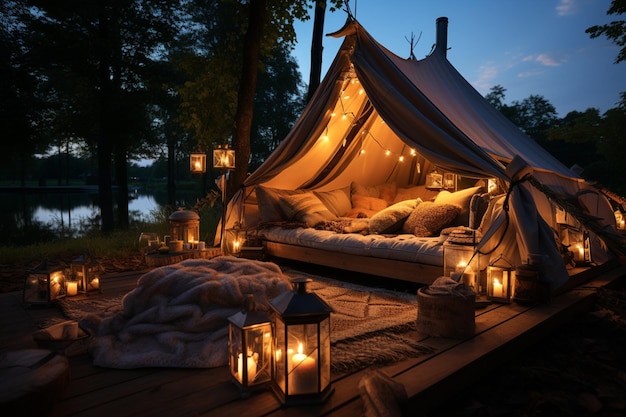 wooden tent with burning candles in the forest camping concept travel adventure