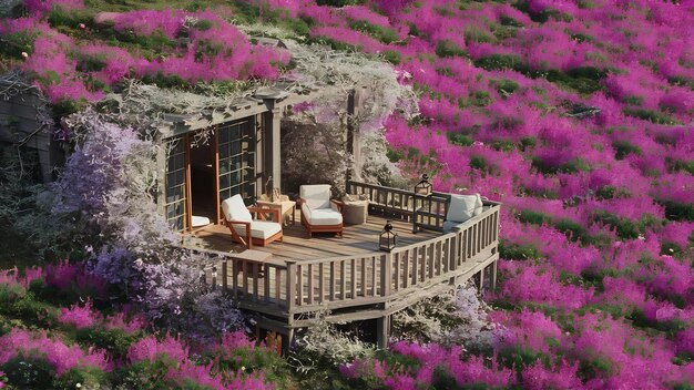 Wooden terrace over beautiful purple flower background