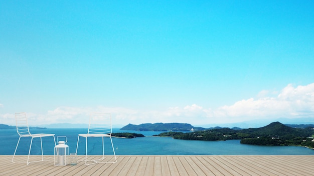 Terrazza in legno con vista mare in hotel o condominio