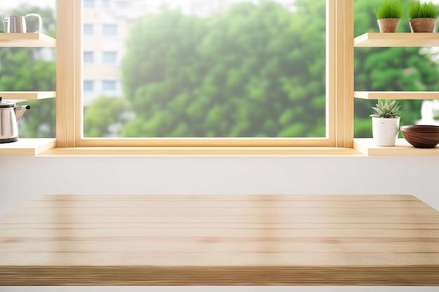 Wooden texture table on hazy kitchen window sill and shelf