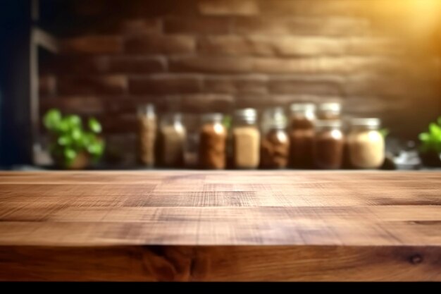 Wooden texture table top on blurred kitchen interior background Epmty template for product display Generative Ai