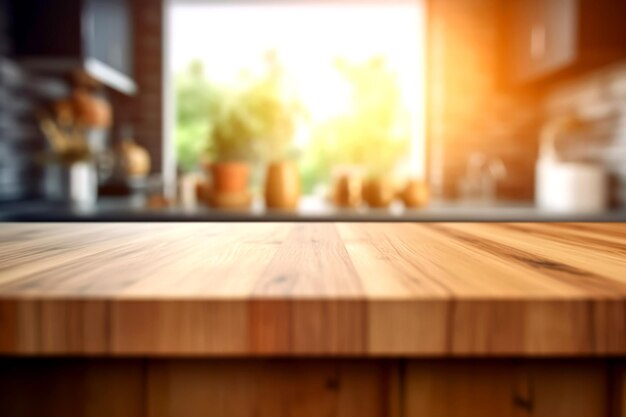 Wooden texture table top on blurred kitchen interior background Epmty template for product display Generative Ai