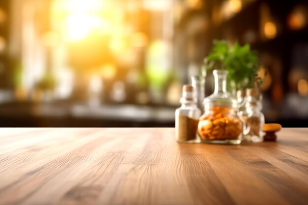 写真 木製のテクスチャのテーブルトップが昧なキッチンインテリアの背景に epmty 製品ディスプレイのためのテンプレート generative ai