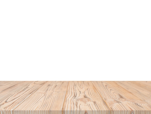 Wooden textured table top against white backdrop