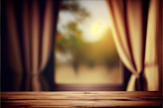 Wooden top table with bokeh light Coffee restaurant blurred background Generative AI