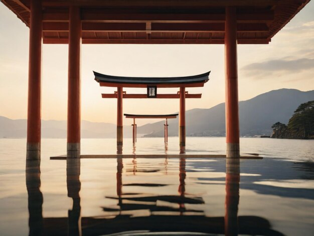 a wooden torii is sitting in the water with the sun setting behind it