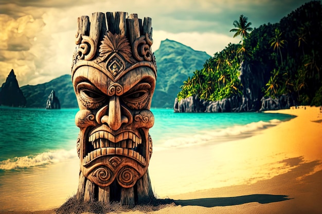 Photo wooden totem tiki mask on islands on beach against backdrop of sea