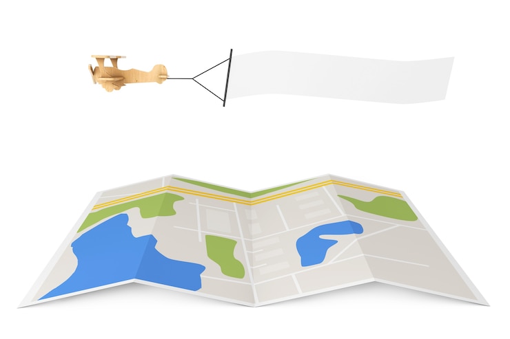 Photo  wooden toy airplane with empty banner over city map on a white background. 3d rendering
