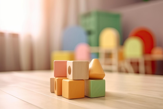 Деревянные игрушечные блоки на деревянном столе в комнате children39s ai генеративный