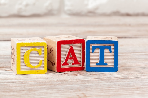 Фото Деревянная игрушка блоки с текстом: кошка