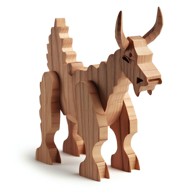 Wooden toy bull on a white background