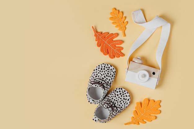 Wooden toy camera, baby boots and fall leaves. Set of fashion childs  accessories for autumn.  Flat lay, top view