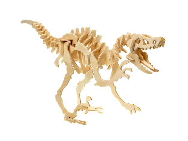 Photo wooden toy dinosaur skeleton isolated on white background wooden dinosaur crafts