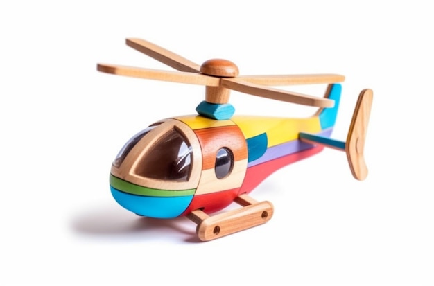 A wooden toy helicopter with a rainbow colored front.