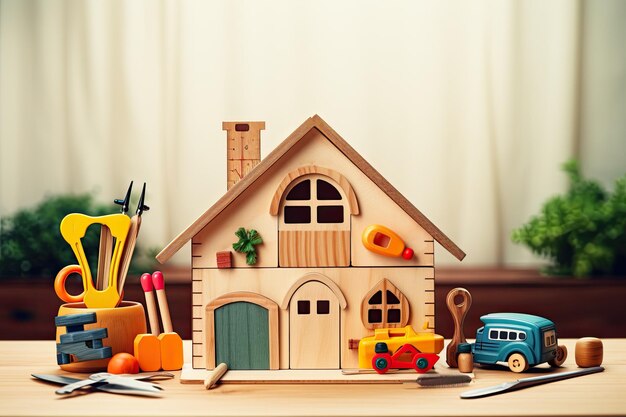 Photo a wooden toy house and construction tools are placed on a wooden background providing space for text...