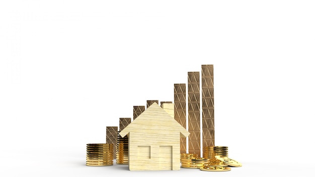 The wooden toy house and gold coins