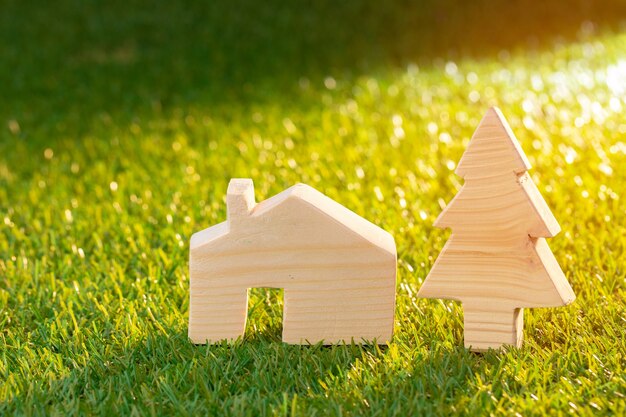 Wooden toy house miniature on grass close up