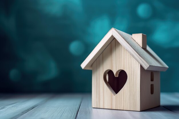 Деревянный игрушечный домик в форме сердца на синем фоне Концепция Дня святого Валентина Generative AI