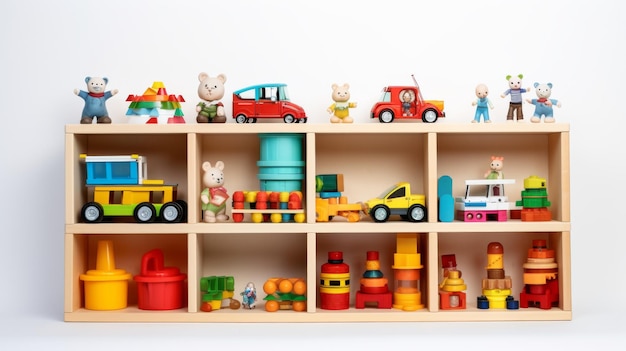 たくさんのおもちゃで満たされた木製のおもちゃ棚