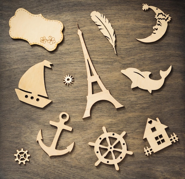 Wooden toys at aged background surface