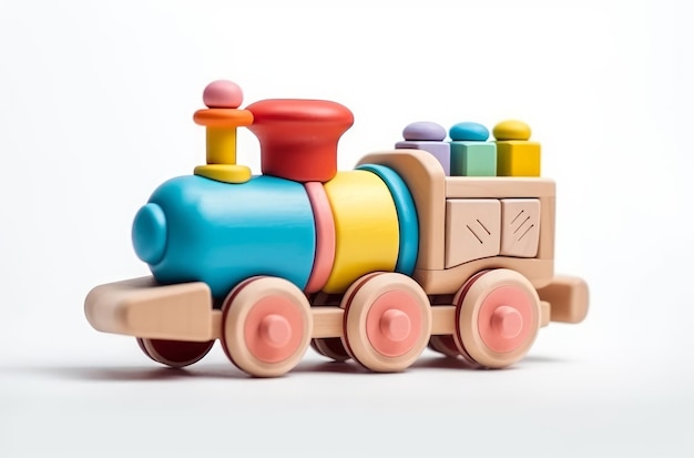 A wooden train with colorful plastic parts and a wooden train.