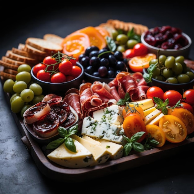 Photo wooden tray filled with an array of fruits salad and meats