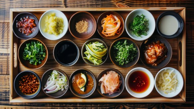 A wooden tray filled with an assortment of dipping sauces and condiments for customizing shabushabu flavors