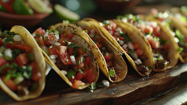 wooden tray full of mexican street tacos