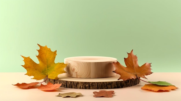 Wooden tray podiums standing on light green background with fallen leaves around Luxury