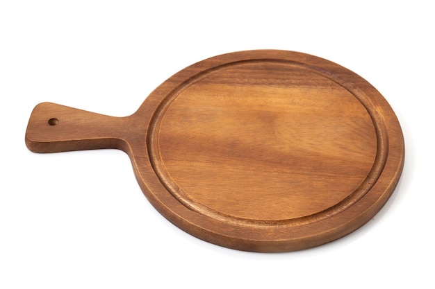 Wooden tray for serving food pizza on white background with path