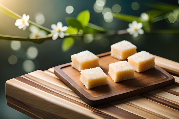 A wooden tray of sugar cubes sits on a wooden board with flowers in the background.