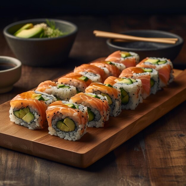 A wooden tray of sushi with salmon and avocado on it